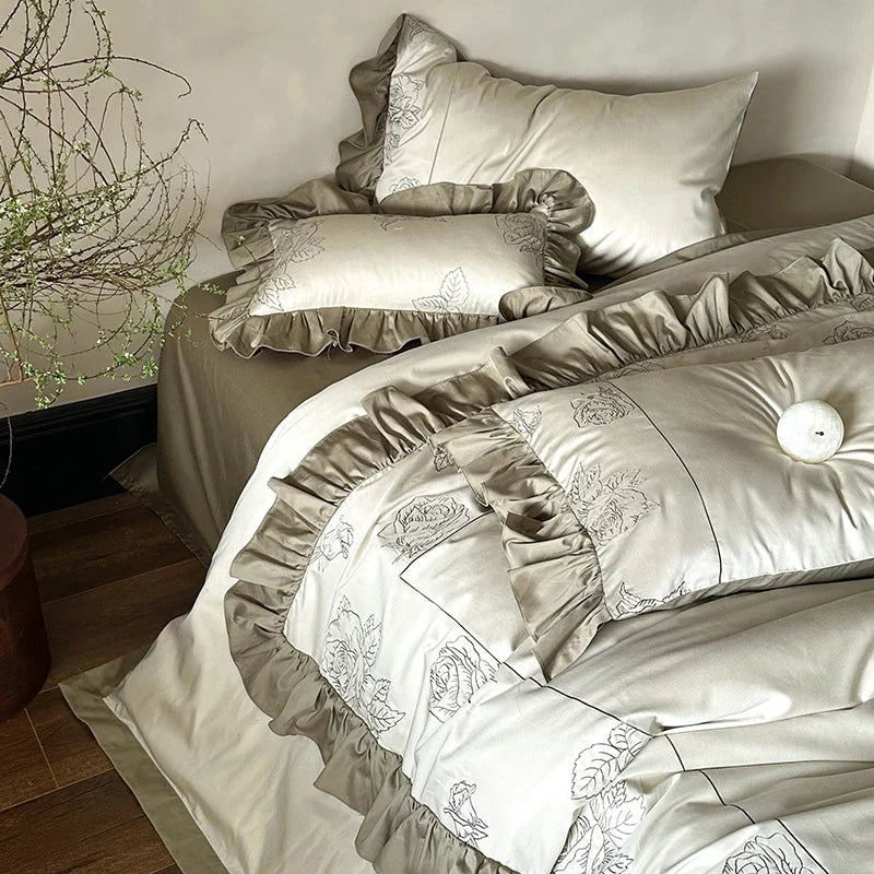 Duvet Cover Set Cotton Satin Rose Embroidery & Ruffle
