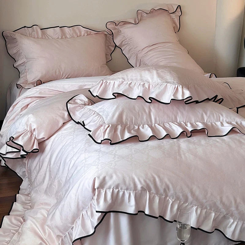 Duvet Cover Set Cotton Satin Ruffled Trim