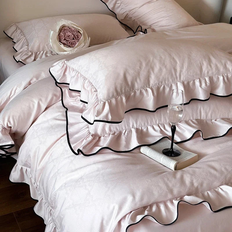 Duvet Cover Set Cotton Satin Ruffled Trim