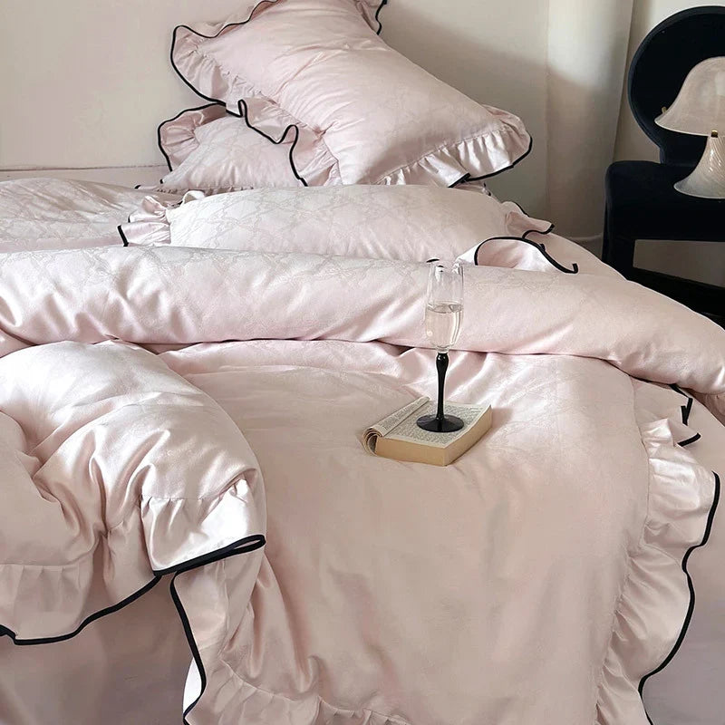 Duvet Cover Set Cotton Satin Ruffled Trim
