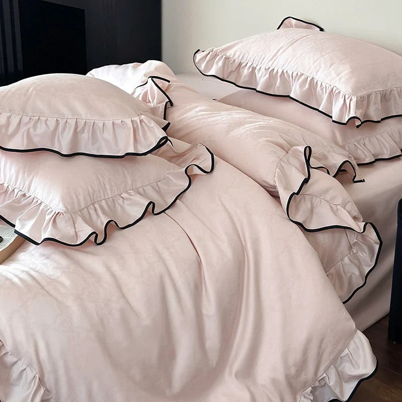 Duvet Cover Set Cotton Satin Ruffled Trim