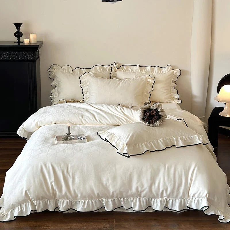 Duvet Cover Set Cotton Satin Ruffled Trim