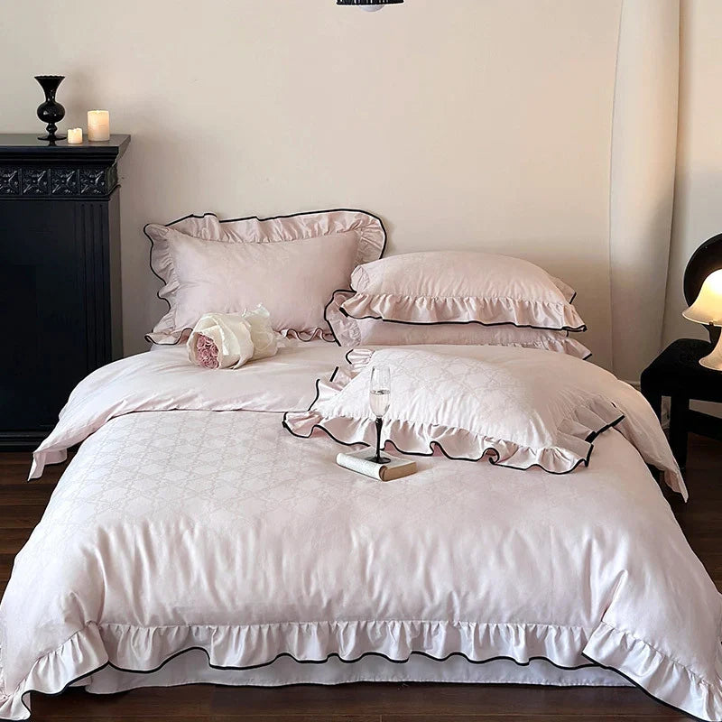 Duvet Cover Set Cotton Satin Ruffled Trim