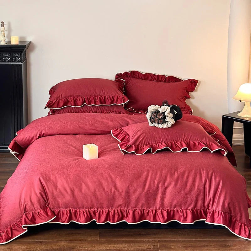 Duvet Cover Set Cotton Satin Ruffled Trim