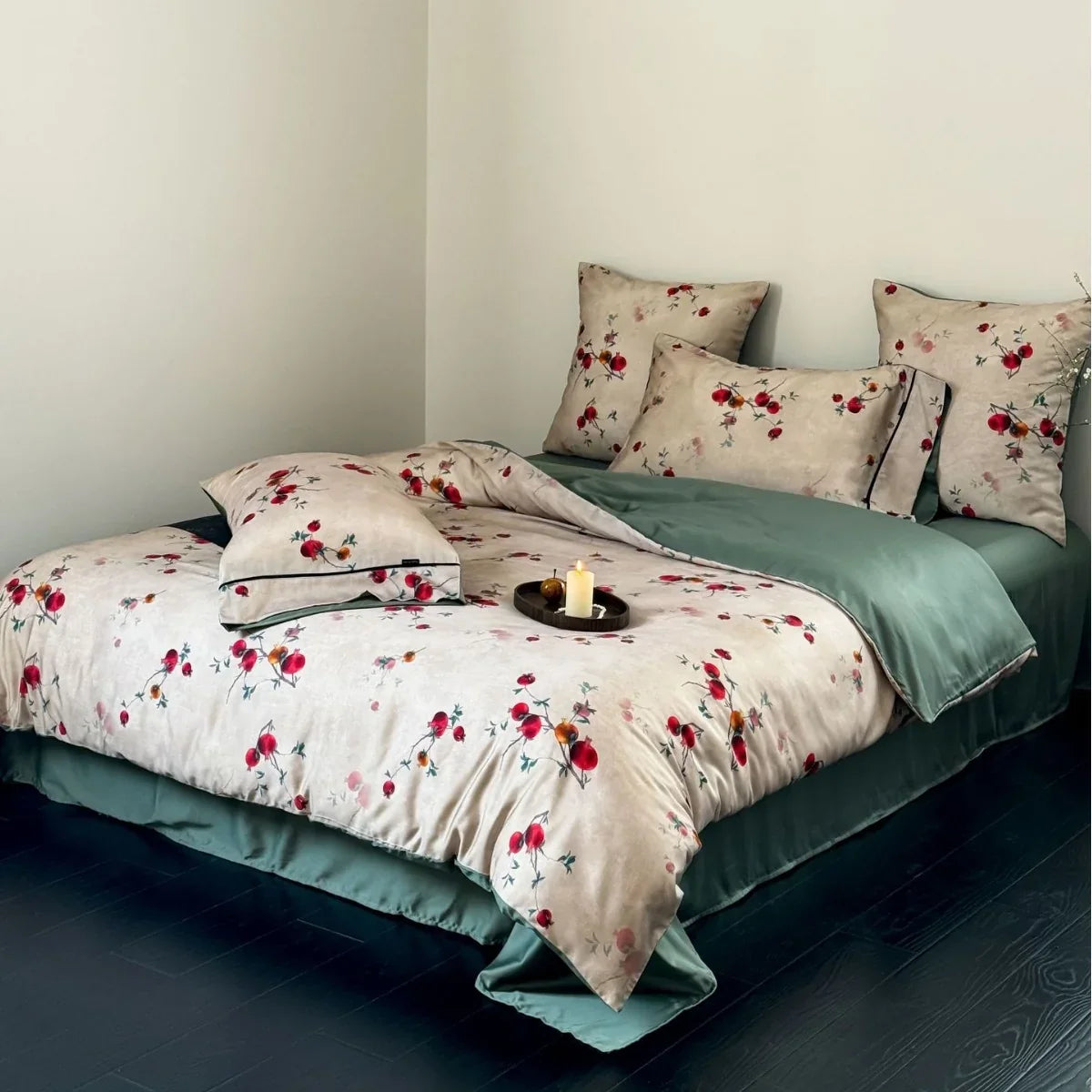 Duvet Cover Set Cotton Satin Toile Floral Ruffled 4-Piece