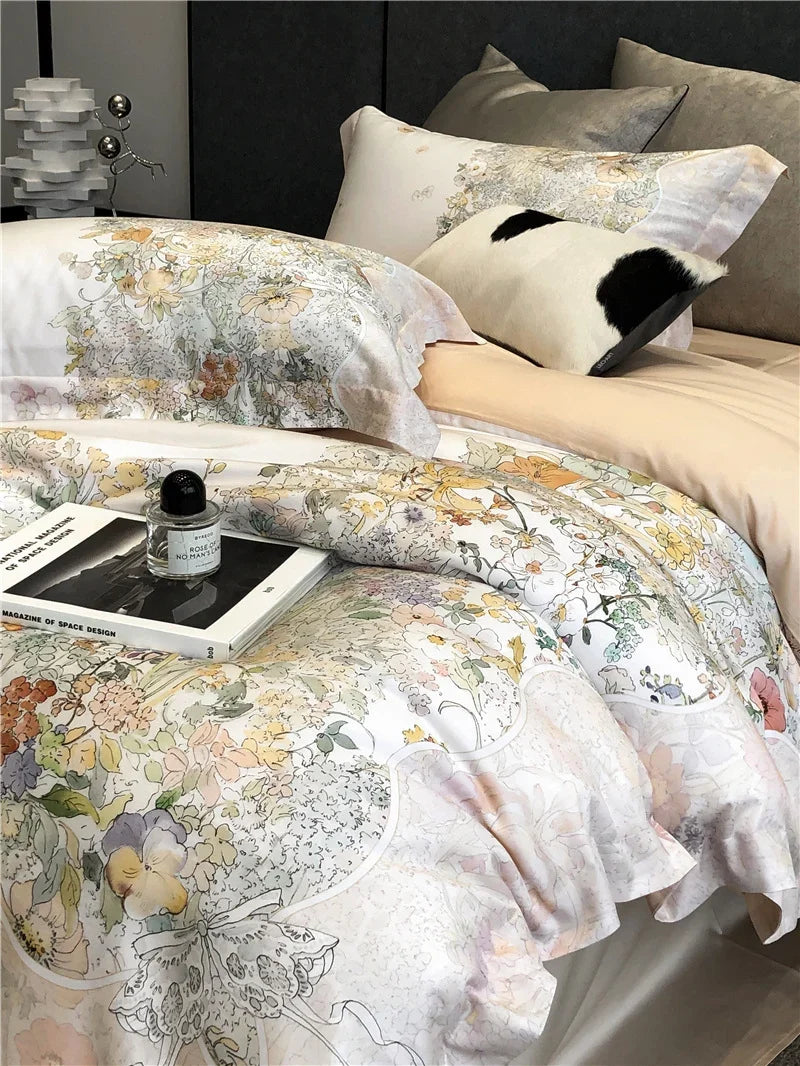 Duvet Cover Set Cotton Satin Watercolor Floral Machine Washable