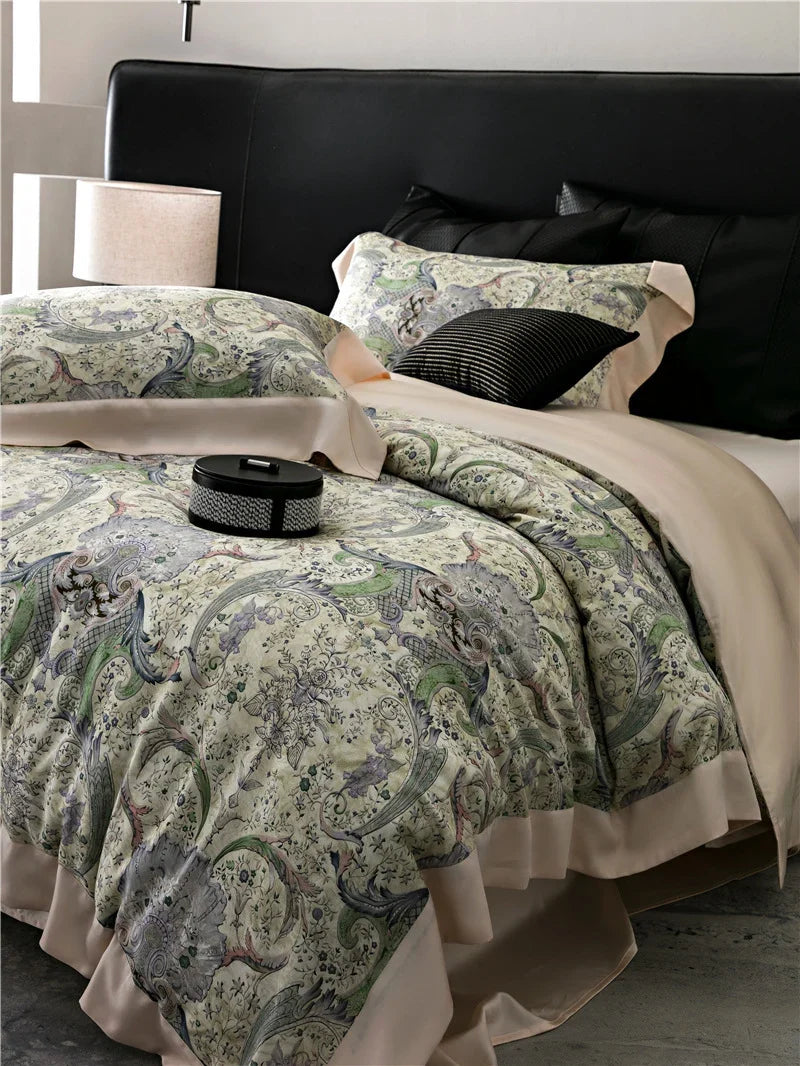 Duvet Cover Set Cotton Satin Watercolor Floral Machine Washable