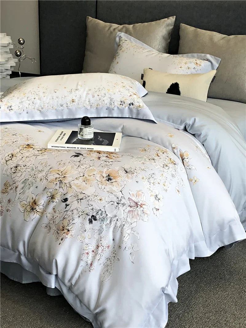 Duvet Cover Set Cotton Satin Watercolor Floral Machine Washable