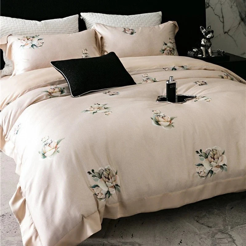Duvet Cover Set Cotton Satin Watercolor Floral Machine Washable