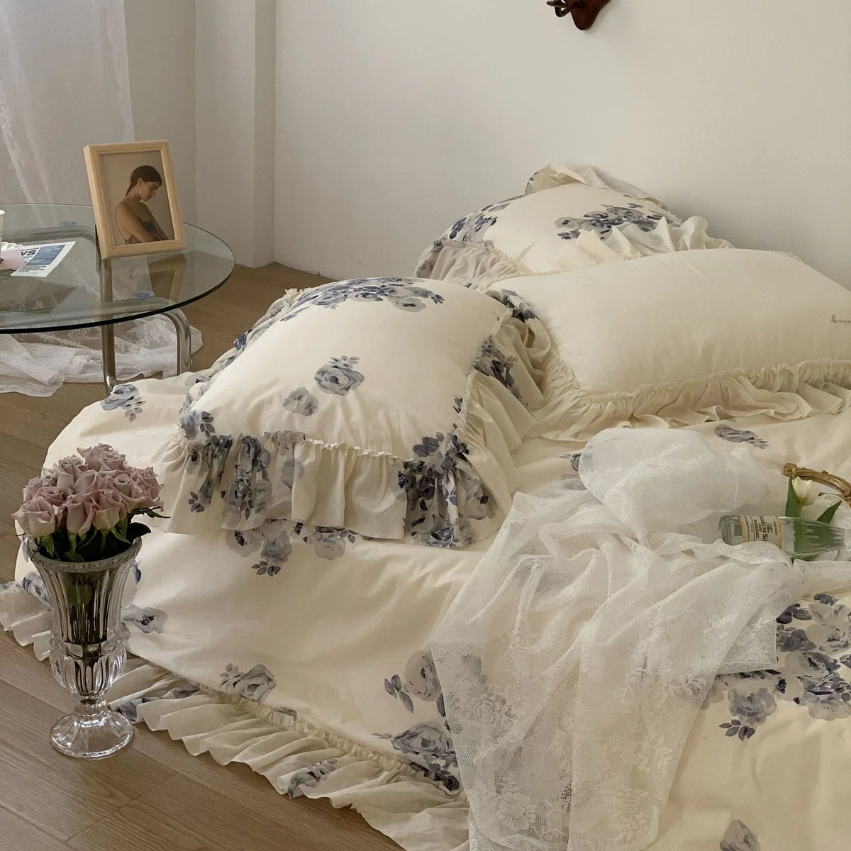 Duvet Cover Set Cotton Satin Watercolor Rose Print