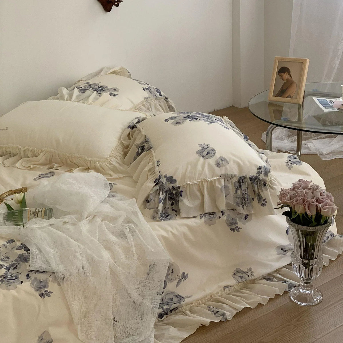 Duvet Cover Set Cotton Satin Watercolor Rose Print