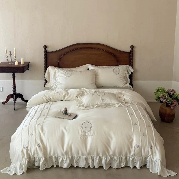 Duvet Cover Set Embroidered Cotton Satin 4-Piece