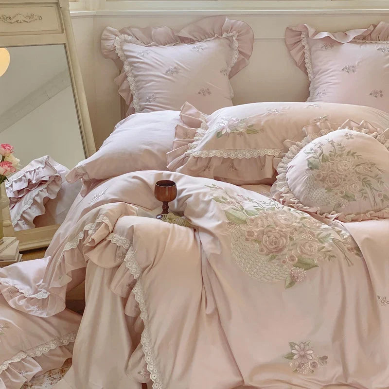 Duvet Cover Set Floral Embroidery Lace & Ruffles