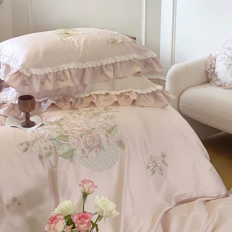 Duvet Cover Set Floral Embroidery Lace & Ruffles