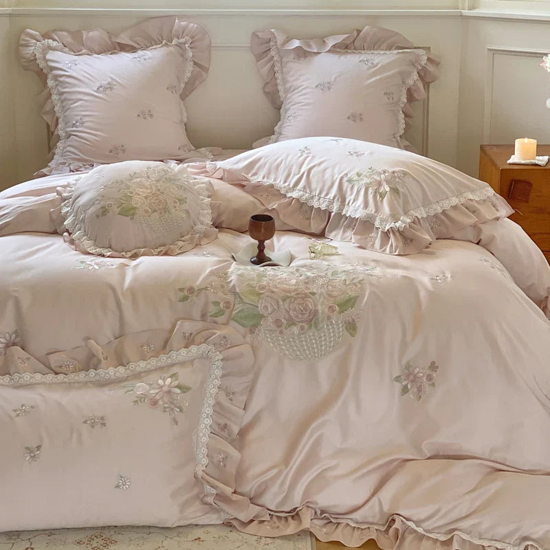Duvet Cover Set Floral Embroidery Lace & Ruffles