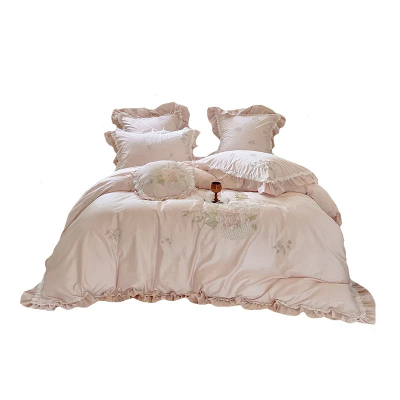 Duvet Cover Set Floral Embroidery Lace & Ruffles