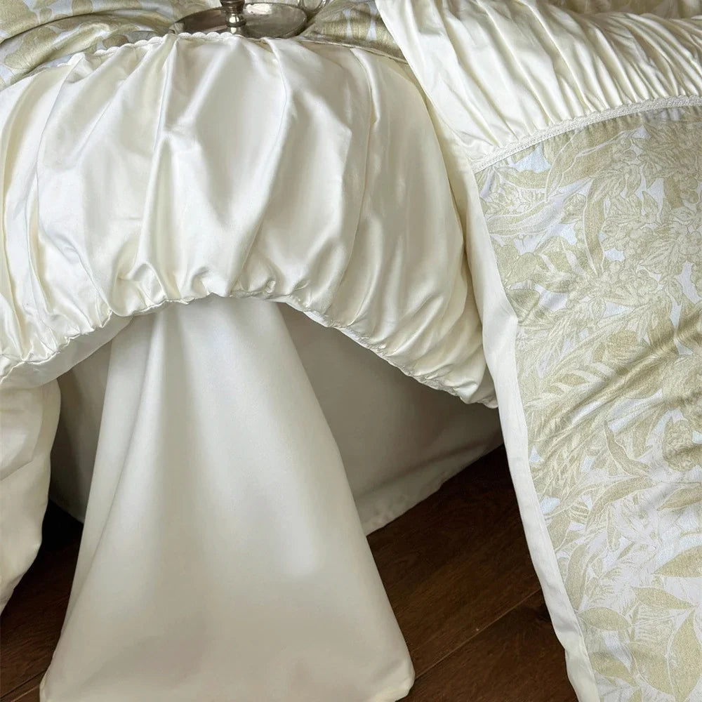 Duvet Cover Set Floral Jacquard Satin Trim Hidden Zipper