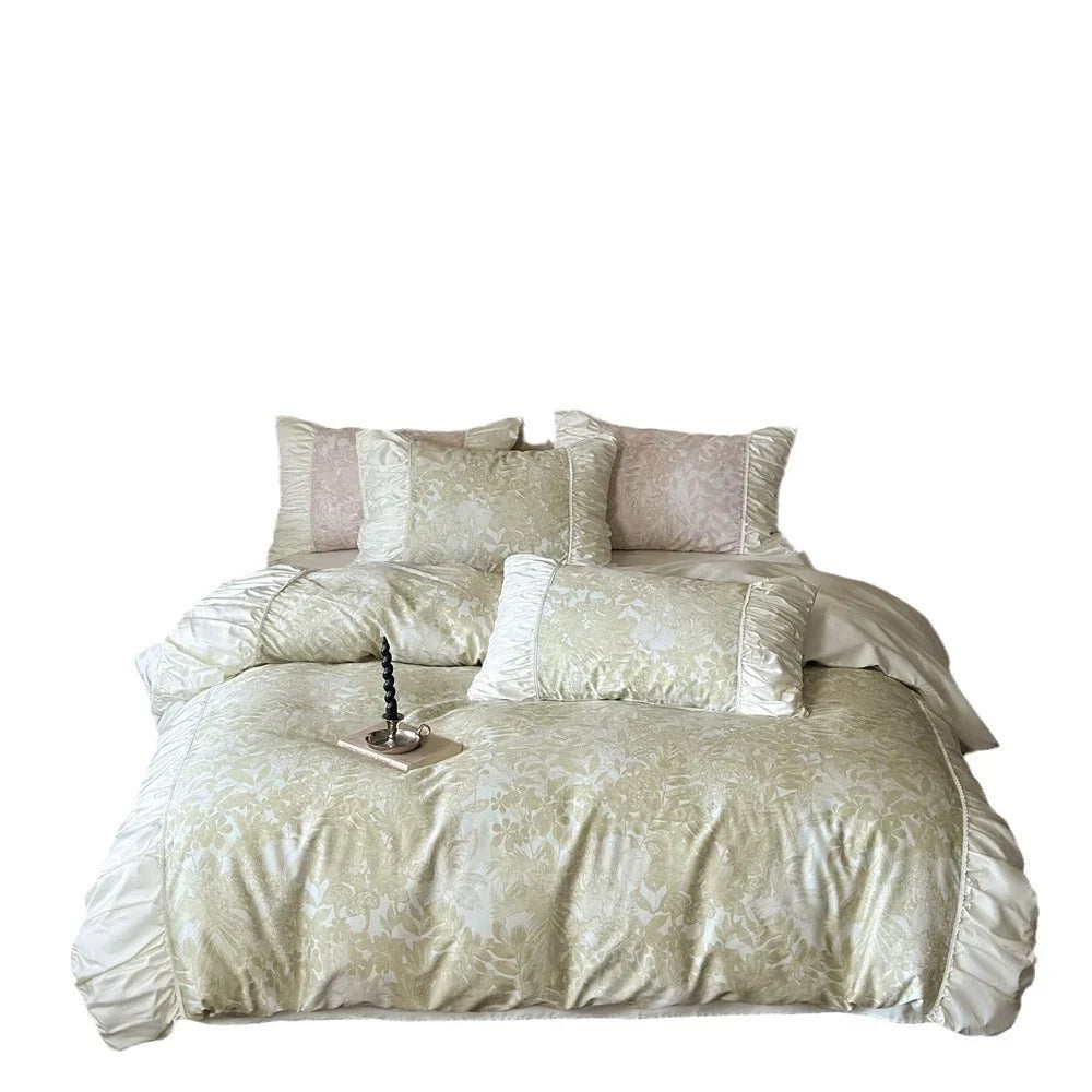 Duvet Cover Set Floral Jacquard Satin Trim Hidden Zipper