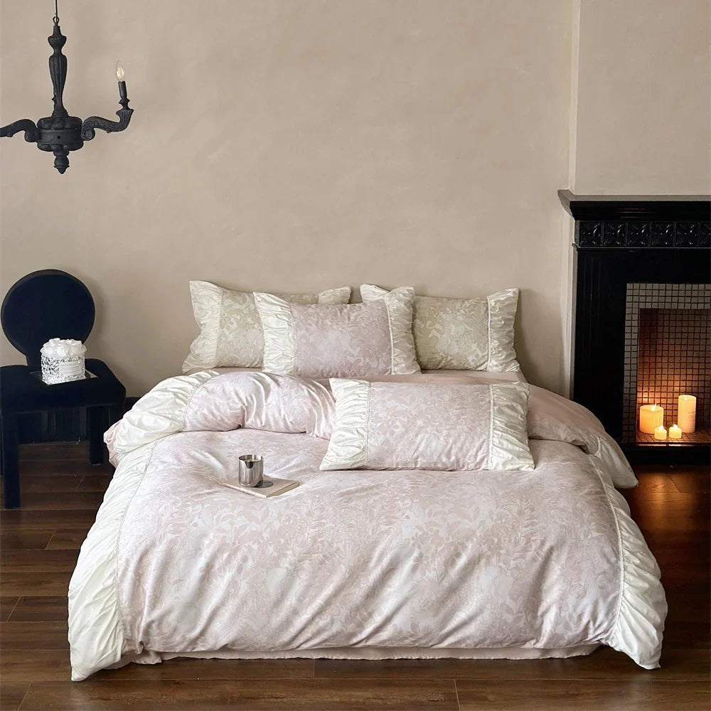 Duvet Cover Set Floral Jacquard Satin Trim Hidden Zipper