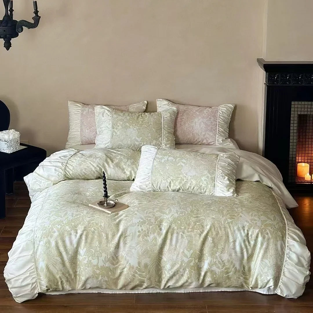 Duvet Cover Set Floral Jacquard Satin Trim Hidden Zipper