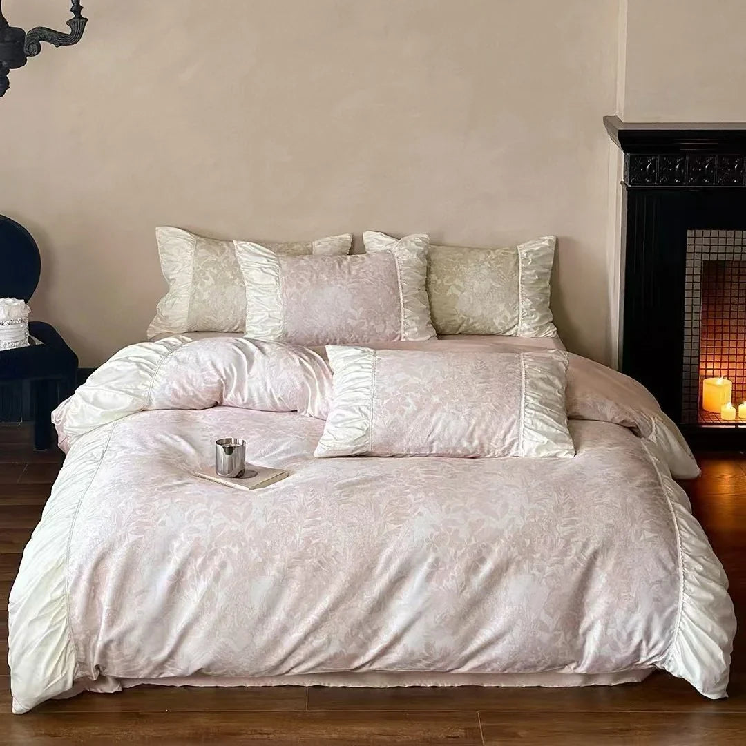 Duvet Cover Set Floral Jacquard Satin Trim Hidden Zipper