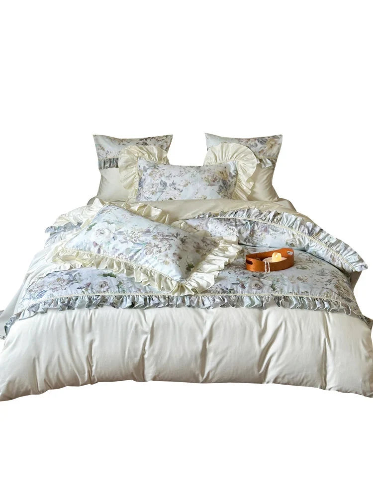 Duvet Cover Set Floral Ruffle Satin-Finish Microfiber Machine Washable