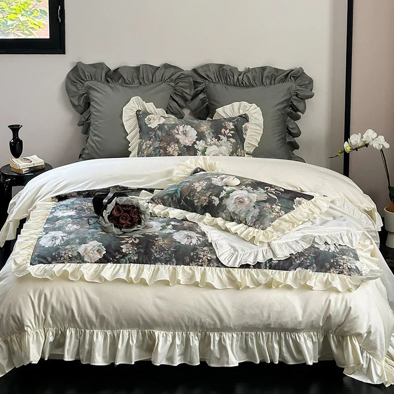 Duvet Cover Set Floral Ruffle Satin-Finish Microfiber Machine Washable
