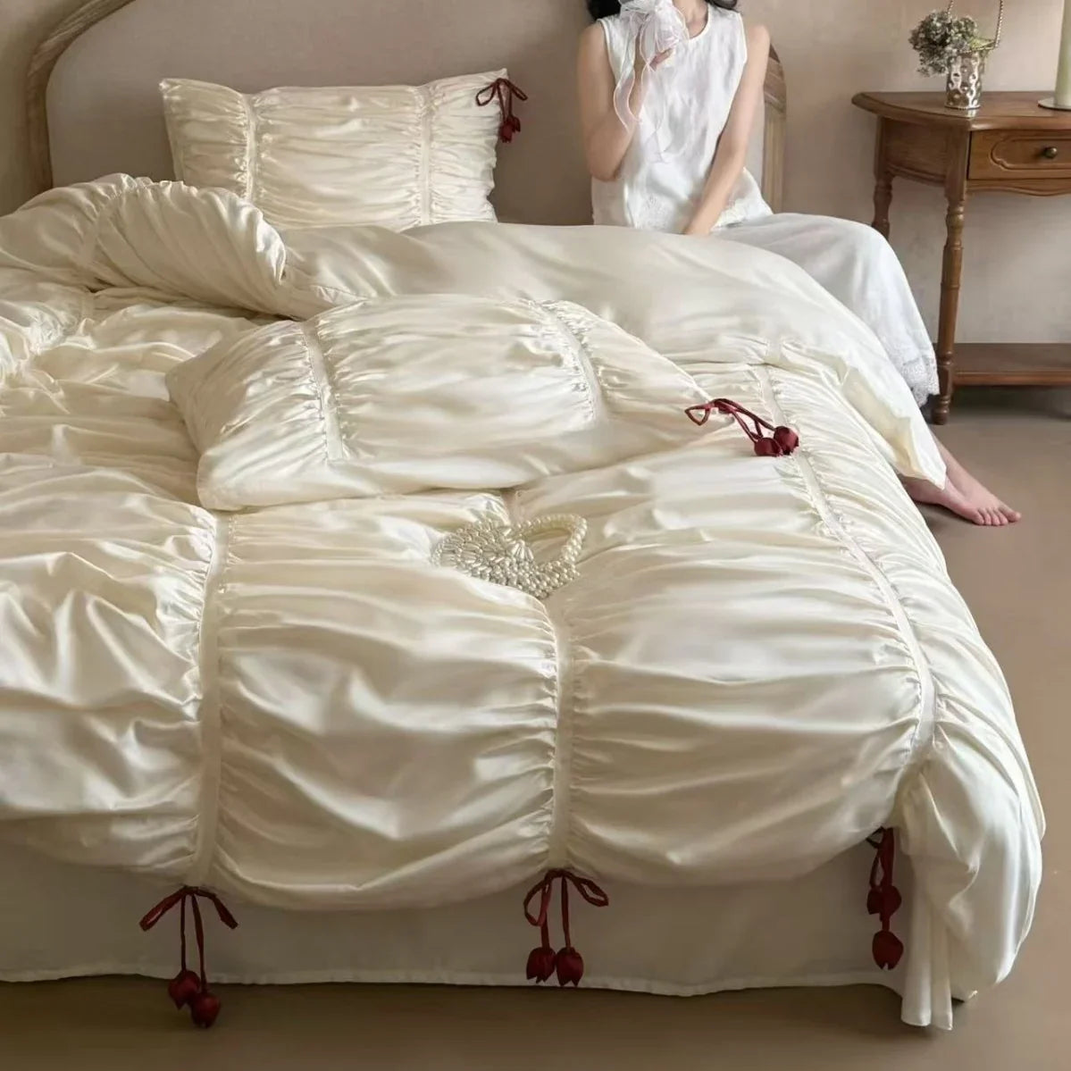 Duvet Cover Set Gathered Satin Tassel Trim Machine Washable