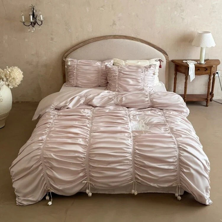 Duvet Cover Set Gathered Satin Tassel Trim Machine Washable