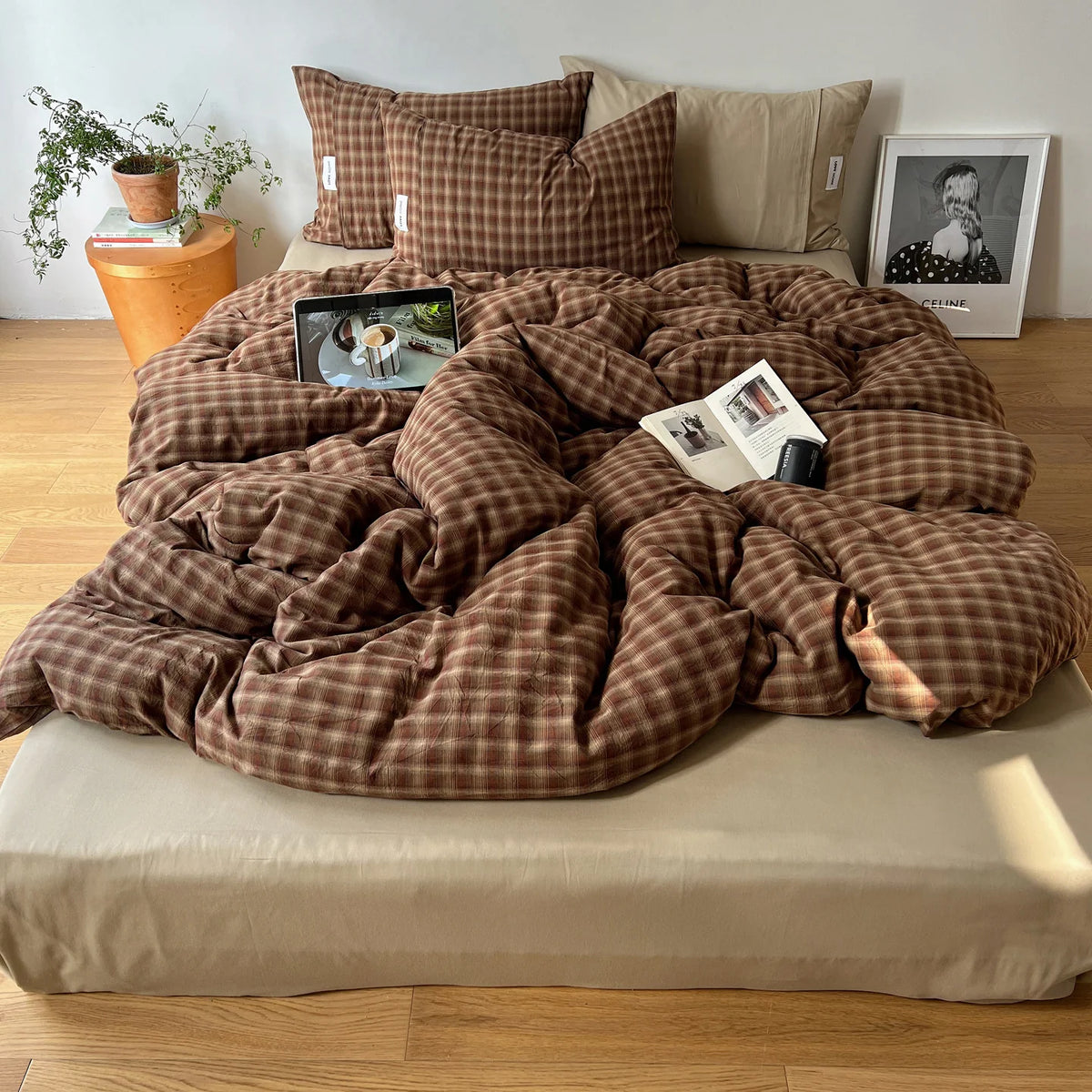 Duvet Cover Set Gingham Pattern Machine-Washable Matching Pillowcases