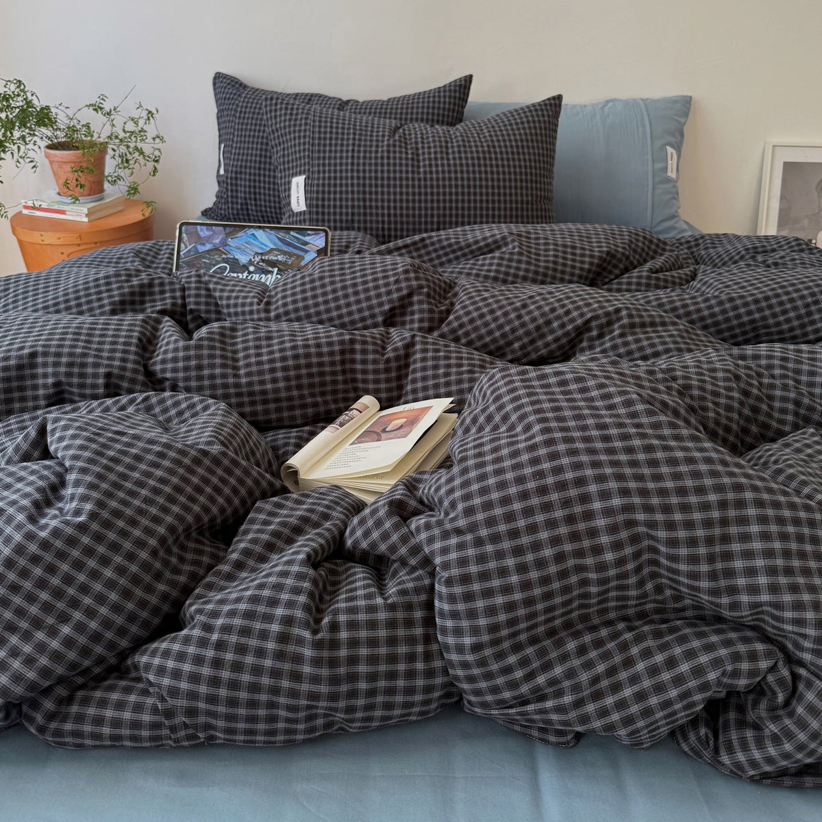 Duvet Cover Set Gingham Pattern Machine-Washable Matching Pillowcases