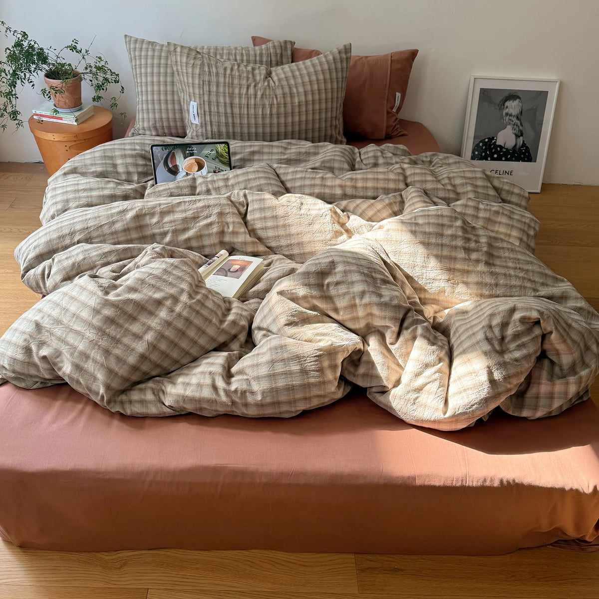 Duvet Cover Set Gingham Pattern Machine-Washable Matching Pillowcases