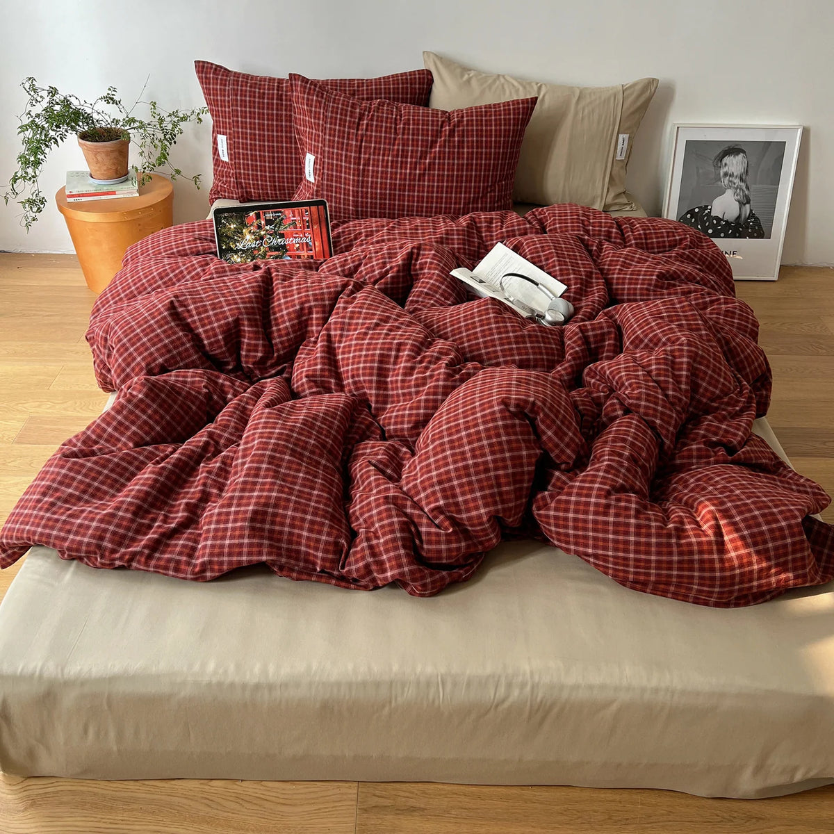 Duvet Cover Set Gingham Pattern Machine-Washable Matching Pillowcases