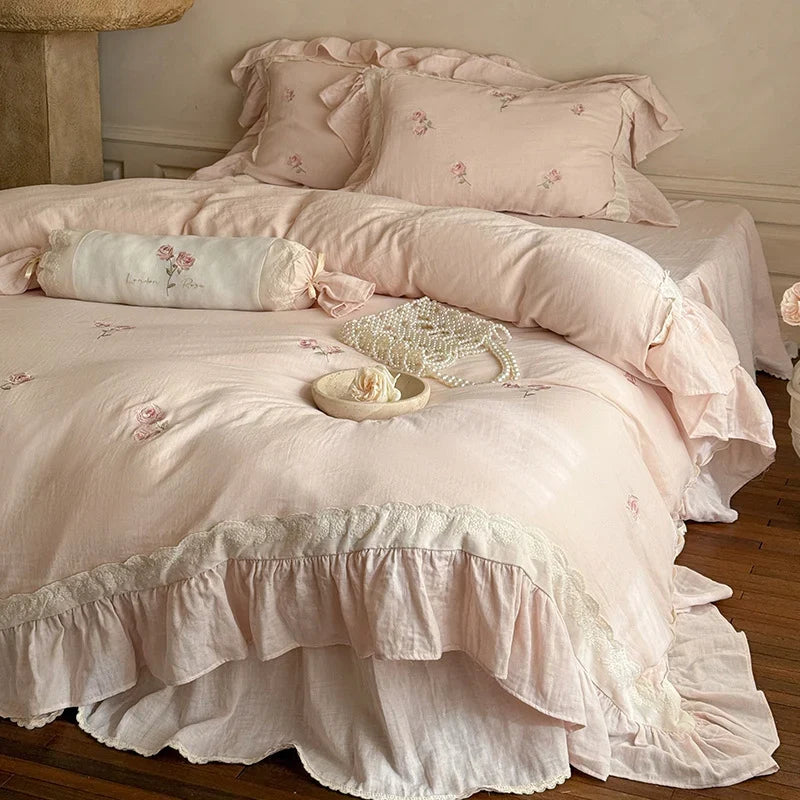 Duvet Cover Set Linen-Cotton Blend Ruffled Floral Embroidery 4-Piece