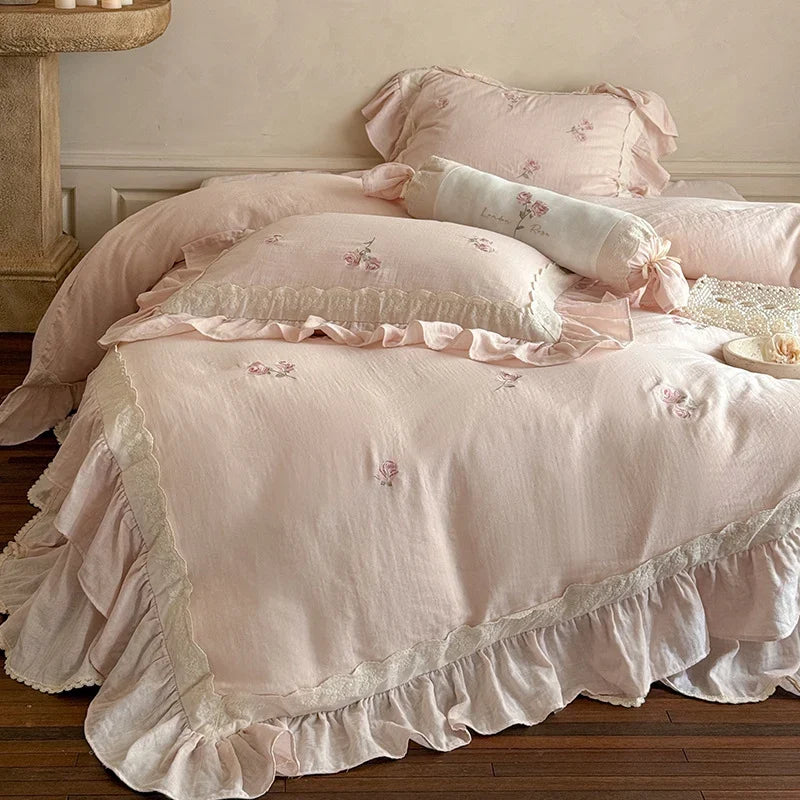 Duvet Cover Set Linen-Cotton Blend Ruffled Floral Embroidery 4-Piece