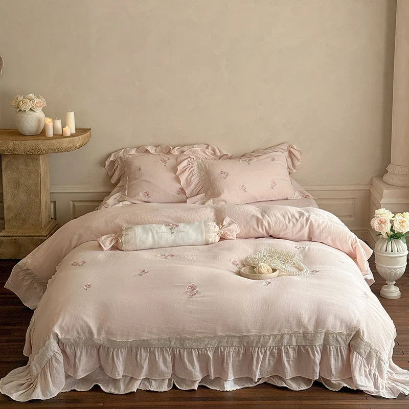 Duvet Cover Set Linen-Cotton Blend Ruffled Floral Embroidery 4-Piece