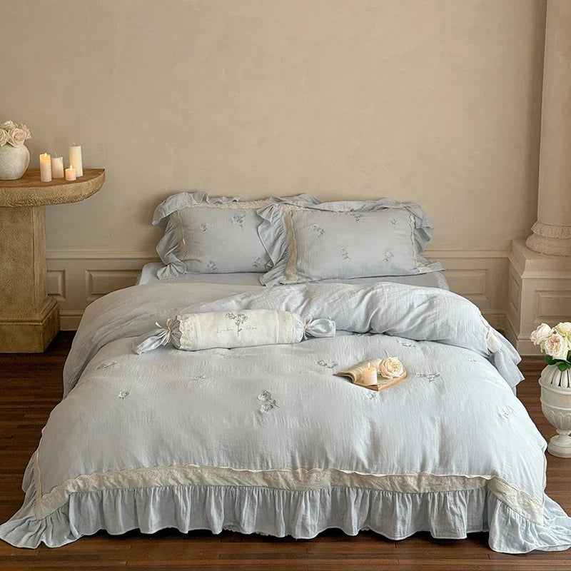 Duvet Cover Set Linen-Cotton Blend Ruffled Floral Embroidery 4-Piece