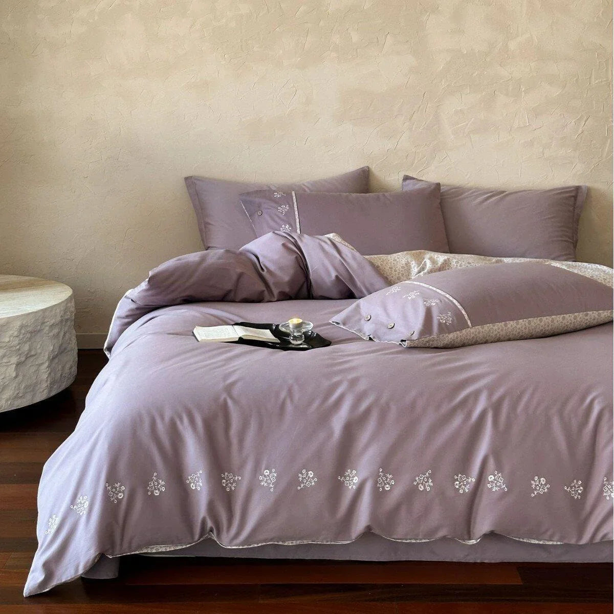 Duvet Cover Set Mako Satin Leaf Embroidery Machine Washable
