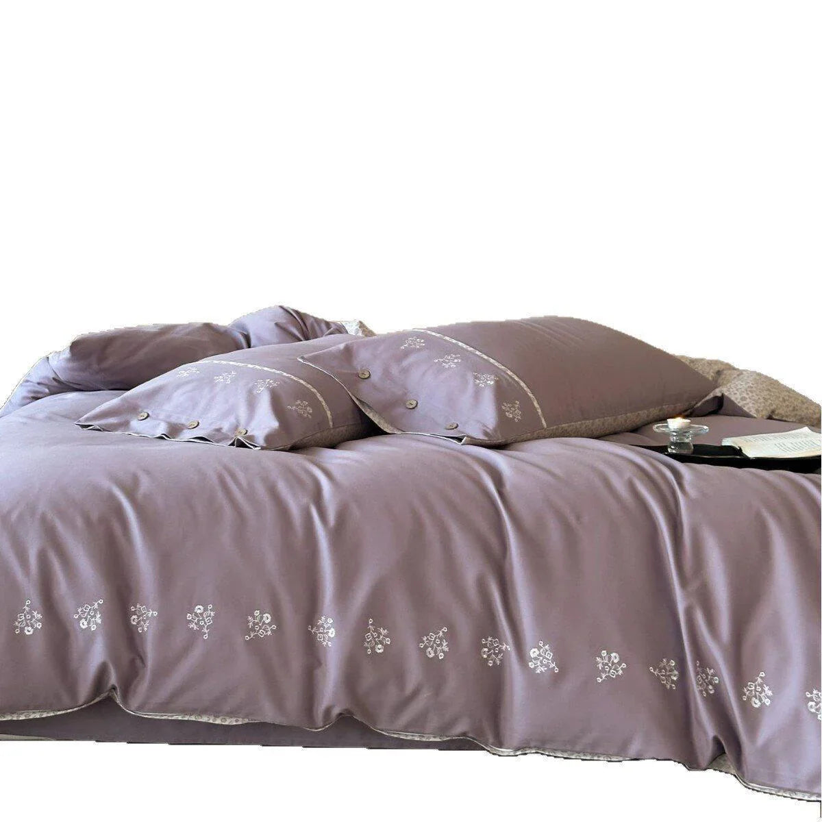Duvet Cover Set Mako Satin Leaf Embroidery Machine Washable