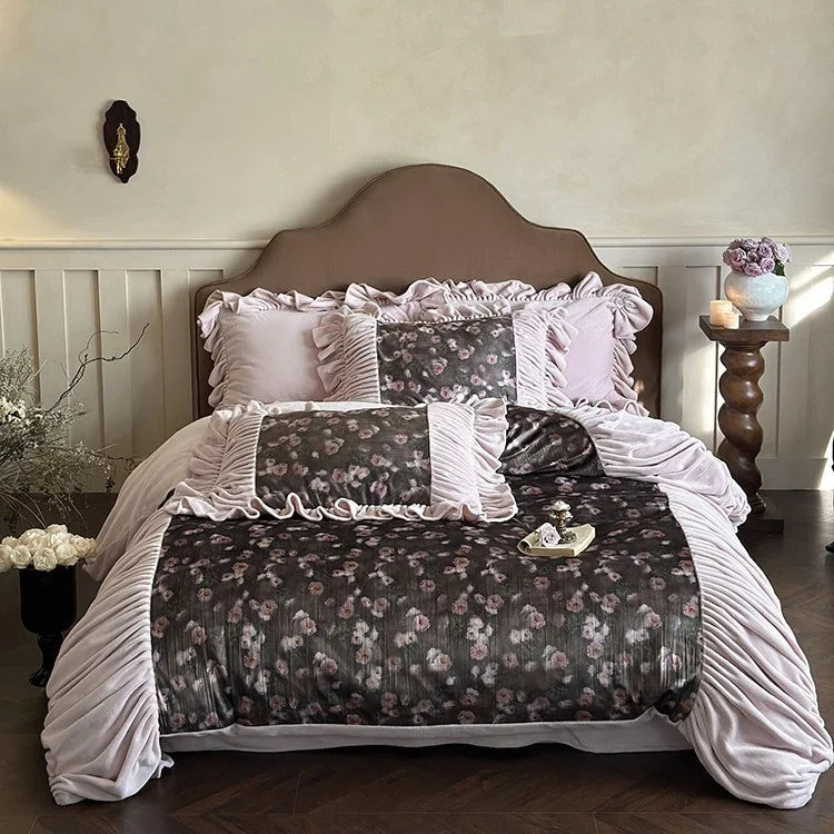 Duvet Cover Set Microfiber Velvet Ruffled Flounces 4-Piece