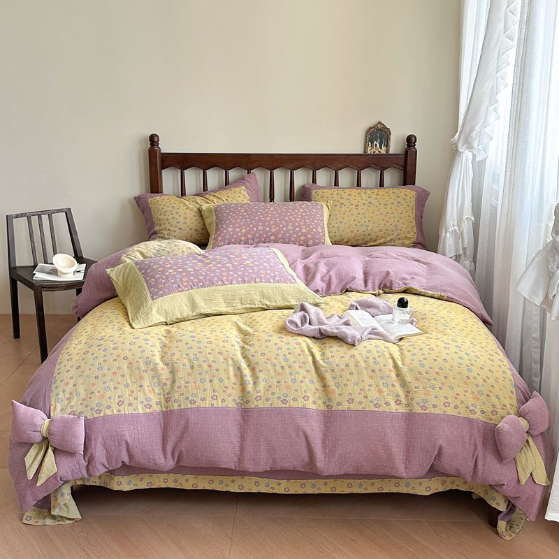 Duvet Cover Set Reversible Cotton Blend Bow Trim