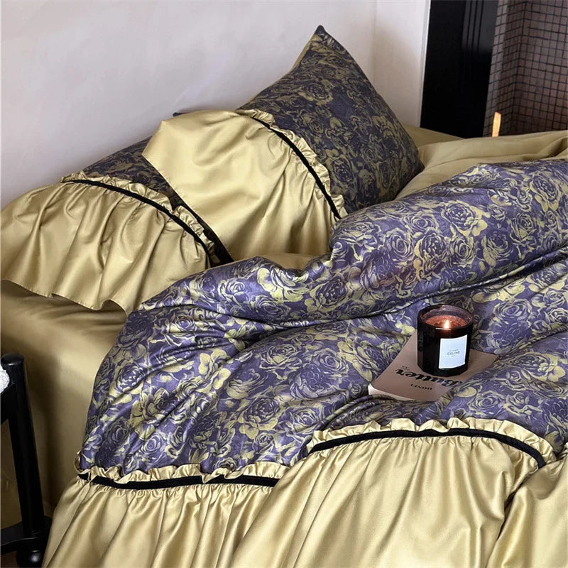 Duvet Cover Set Reversible Floral Jacquard & Velvet Piping