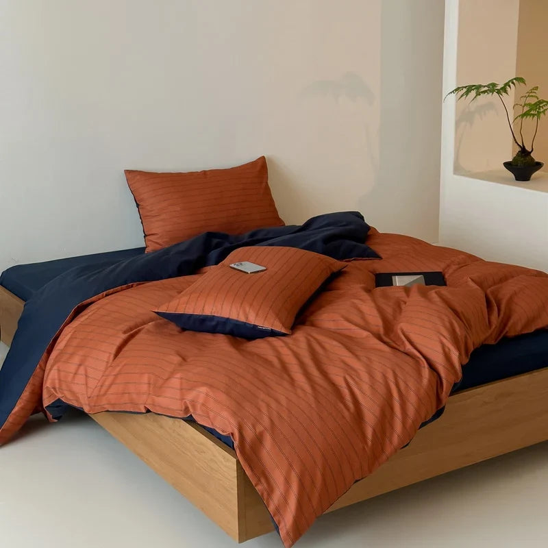 Duvet Cover Set Reversible Stripe Cotton Satin Machine Washable