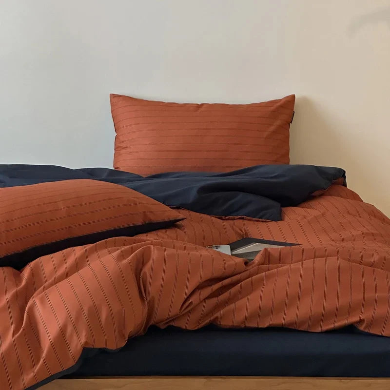 Duvet Cover Set Reversible Stripe Cotton Satin Machine Washable