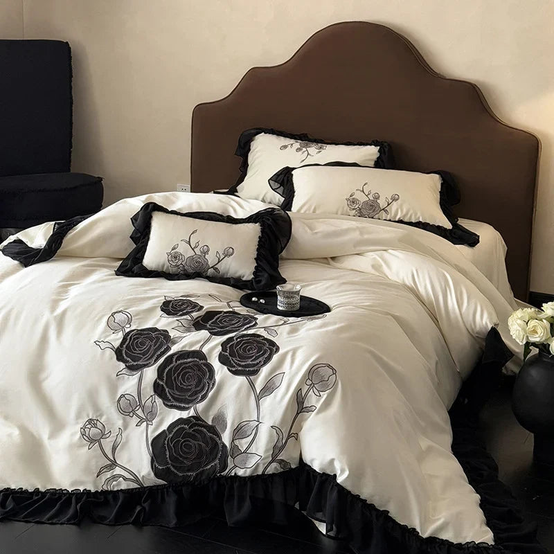 Duvet Cover Set Rose-Embroidered Satin Ruffle Trim