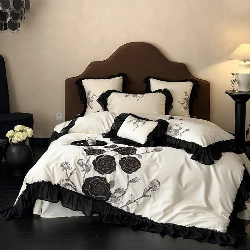 Duvet Cover Set Rose-Embroidered Satin Ruffle Trim