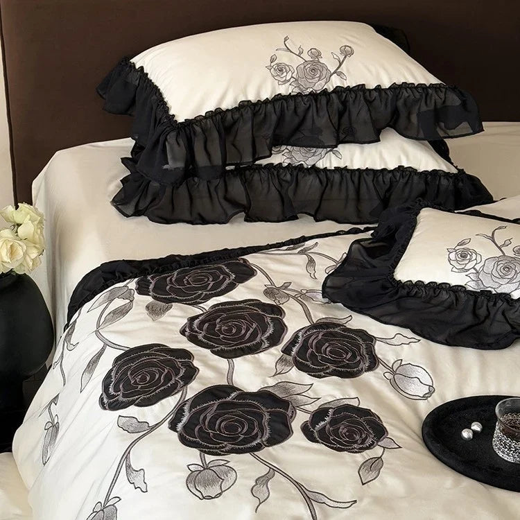 Duvet Cover Set Rose-Embroidered Satin Ruffle Trim