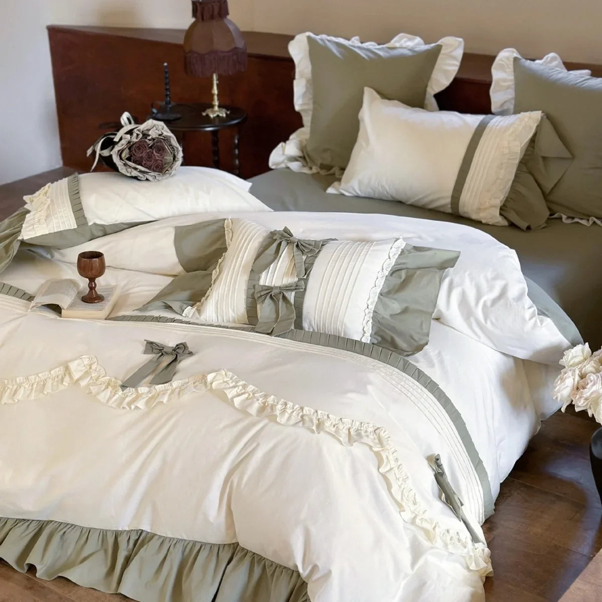 Duvet Cover Set Ruffle & Bow Trim Breathable Cotton