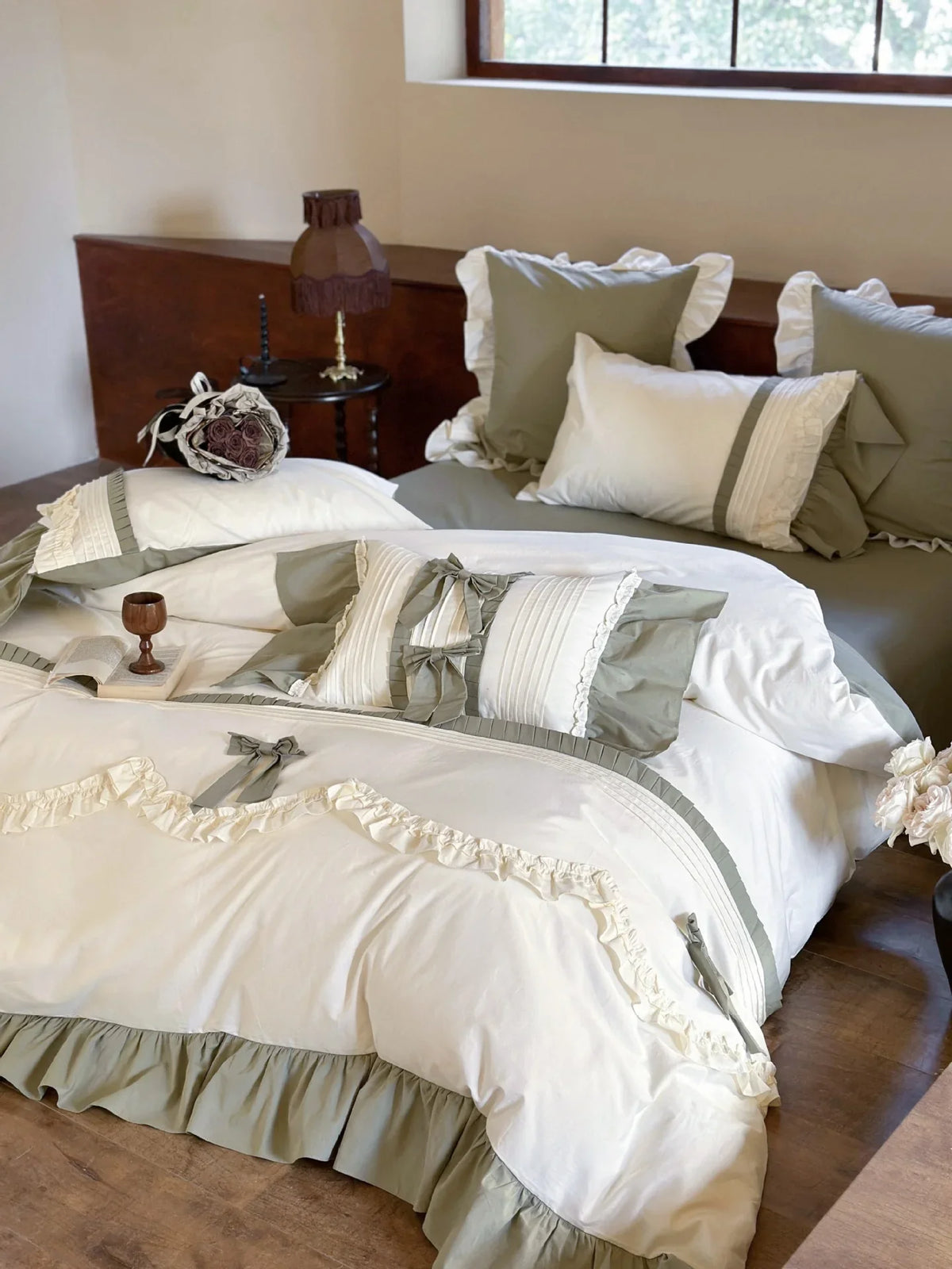 Duvet Cover Set Ruffle & Bow Trim Breathable Cotton