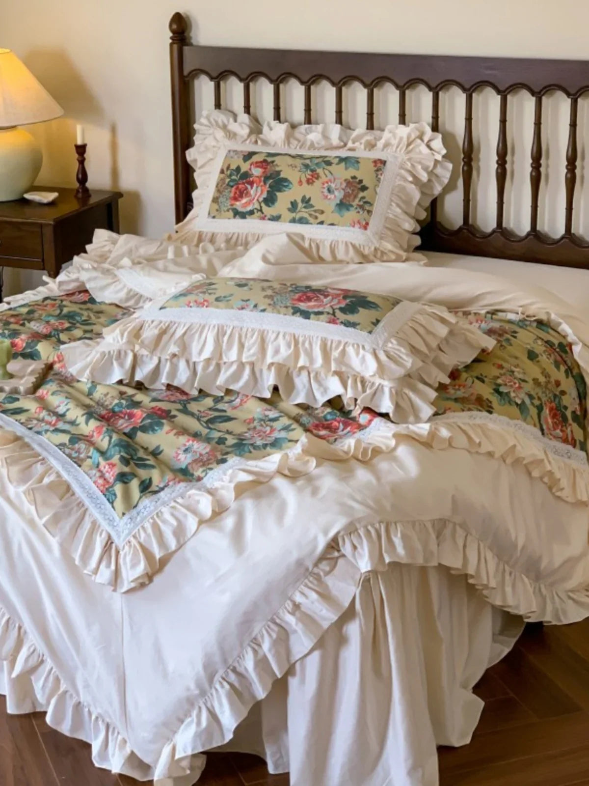 Duvet Cover Set Ruffled Floral Cotton Blend 4 Piece
